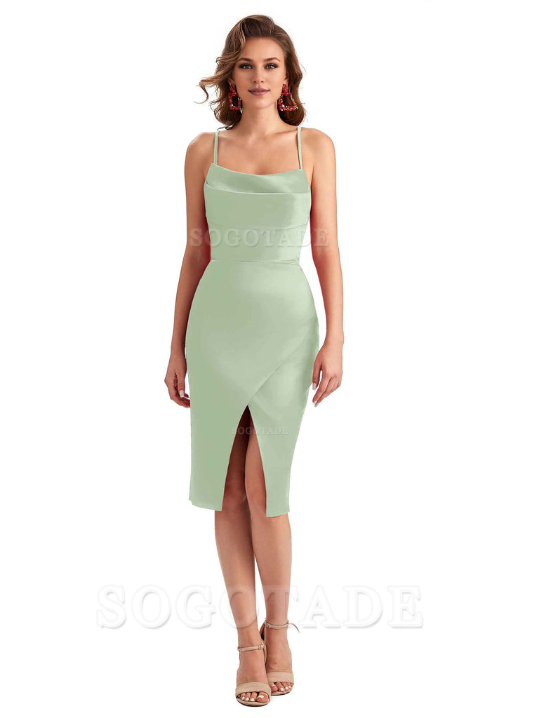 Elegant Spaghetti Straps Mermaid Soft Satin Knee Length Short Bridesmaid Dresses