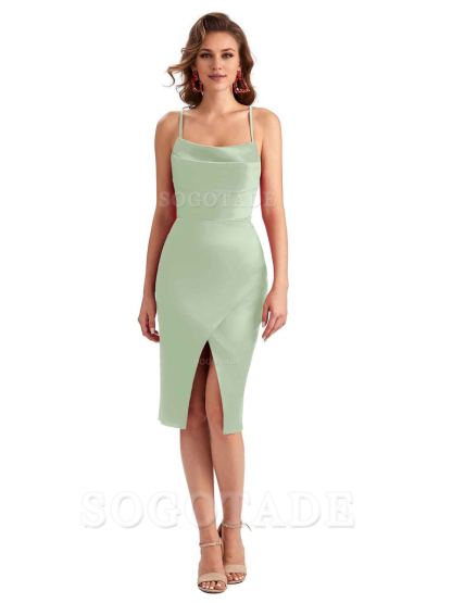 Elegant Spaghetti Straps Mermaid Soft Satin Knee Length Short Bridesmaid Dresses