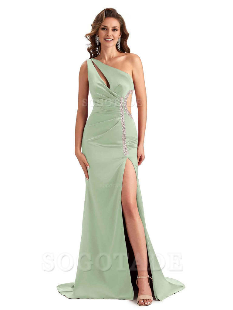 Sexy Side Slit Mermaid Soft Satin One Shoulder Lace Long Bridesmaid Dresses
