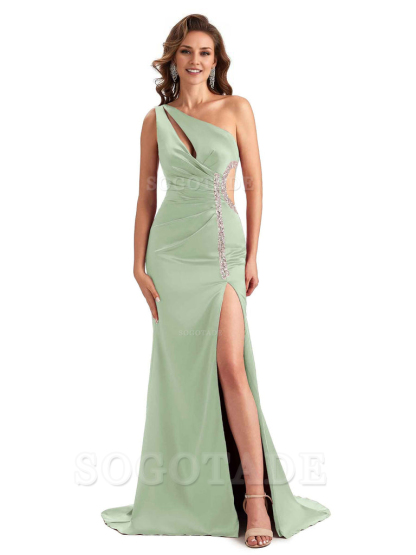 Sexy Side Slit Mermaid Soft Satin One Shoulder Lace Long Bridesmaid Dresses