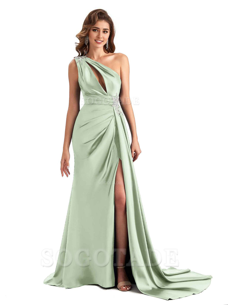 Sexy Side Slit Mermaid Soft Satin One Shoulder Lace Long Modern Bridesmaid Dresses