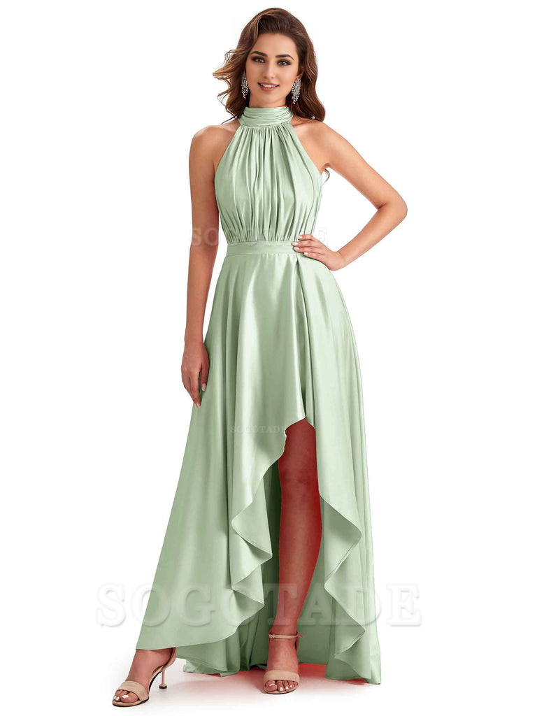Soft Satin High Neck High Low A-Line Unique Bridesmaid Dresses Online