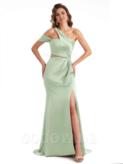 Sexy Side Slit Mermaid Soft Satin One Shoulder Long Unique Bridesmaid Dresses