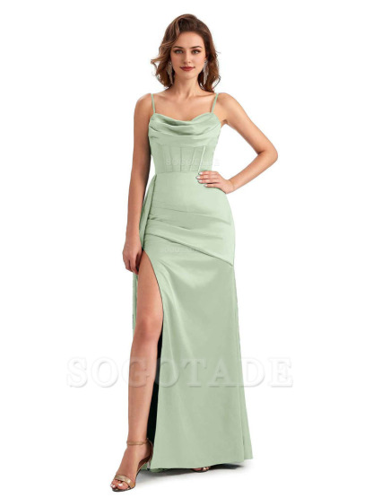 Sexy Side Slit Mermaid Silky Satin Spaghetti Straps Unique Wedding Guest Dresses