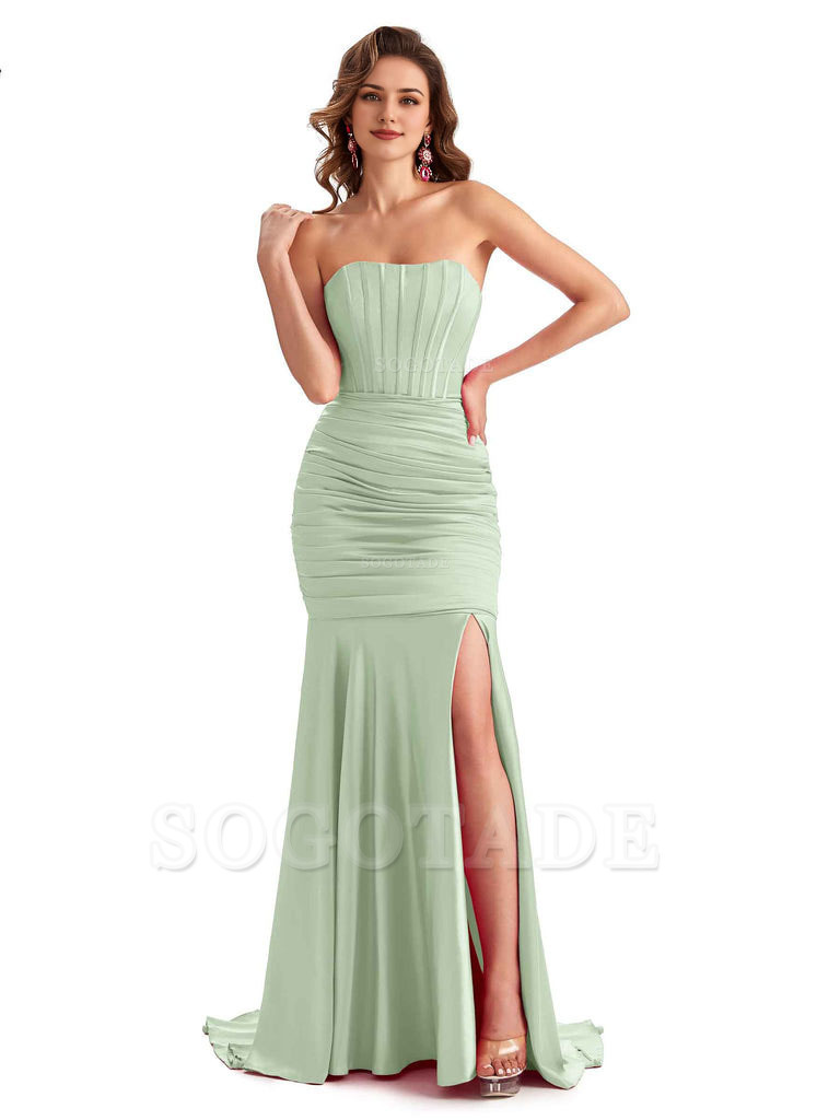 Sexy Strapless Side Slit Mermaid Silky Satin Formal Bridesmaid Dresses