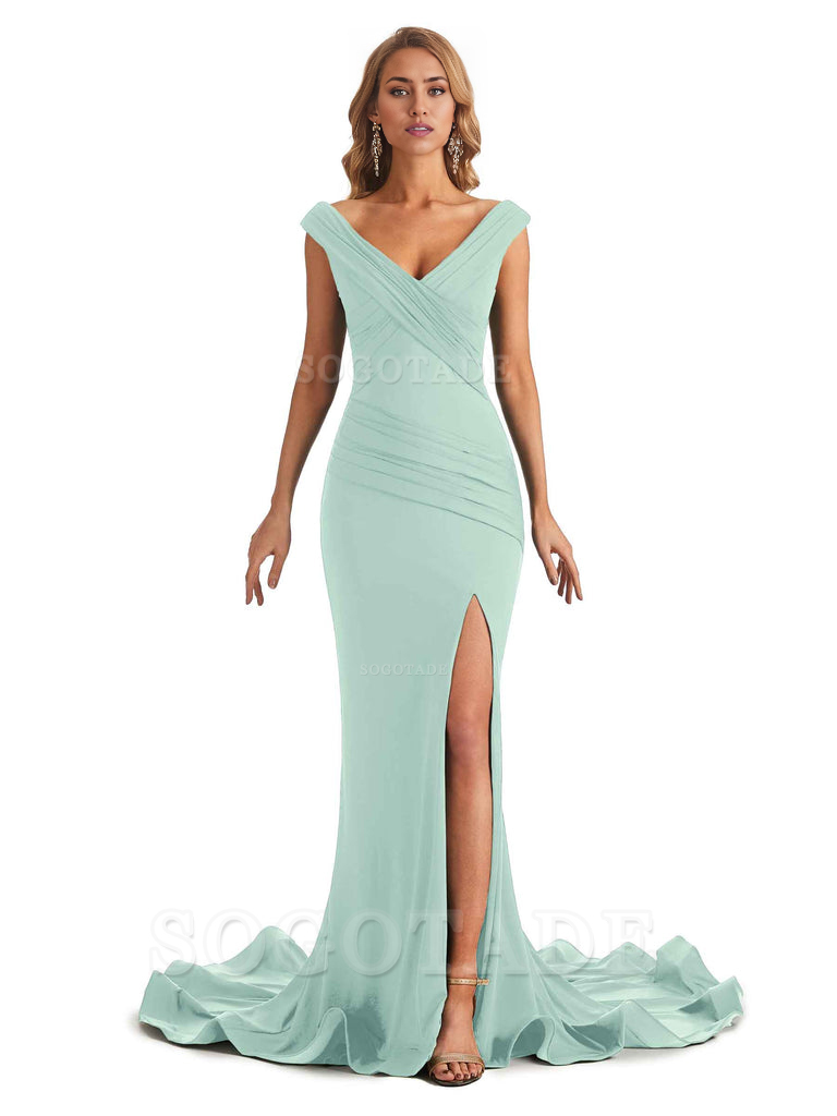 Sexy Mermaid V-Neck Off The Shoulder Side Fork Long Fashion Bridesmaid Dresses Formal Women's Dresses Wedding Guests Dresses