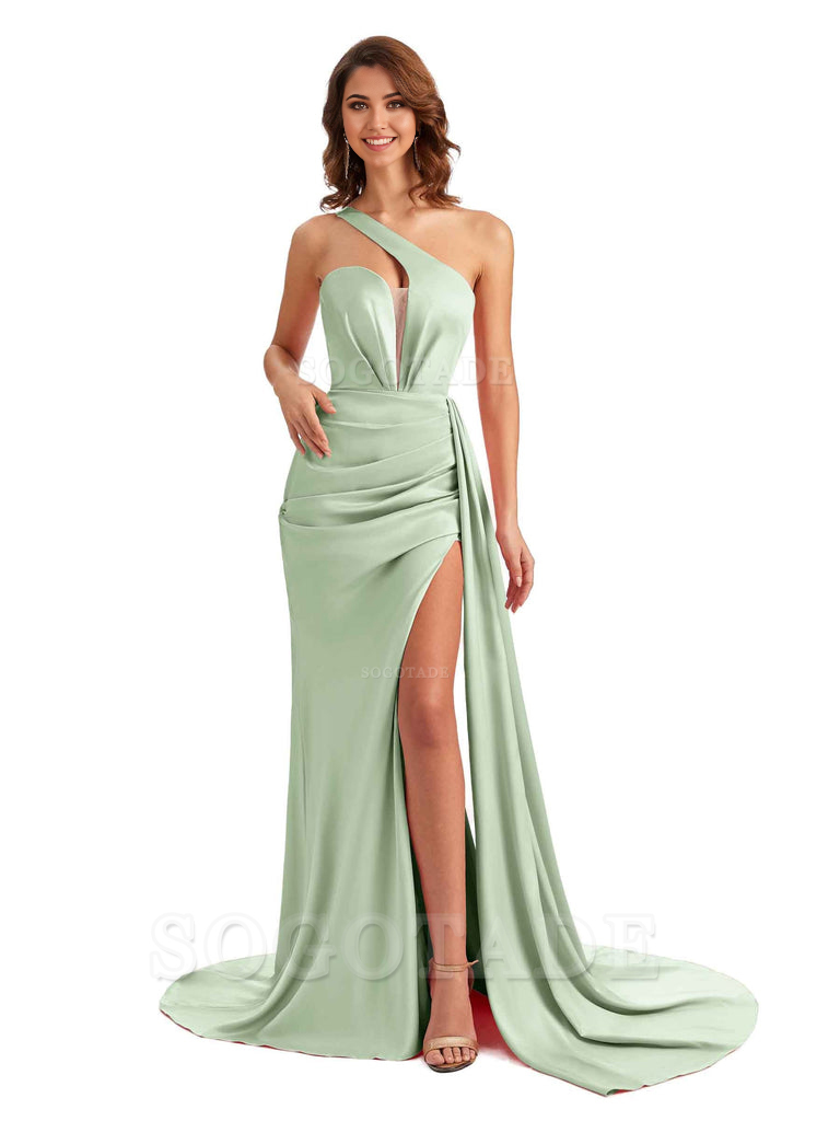 Mermaid One Shoulder Satin formal dresses evening gown Bridesmaid Dresses With Side Slit