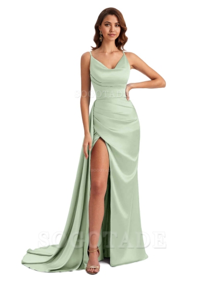 Mermaid Cowl Spaghetti Satin formal dresses evening gown Bridesmaid Dresses With Side Slit
