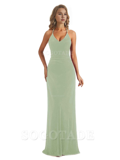 Elegant V-Neck Halter Backless Mermaid Velvet Long Wedding Party Dresses Bridesmaid Dresses Formal Women's Dresses Wedding Guests Dresses
