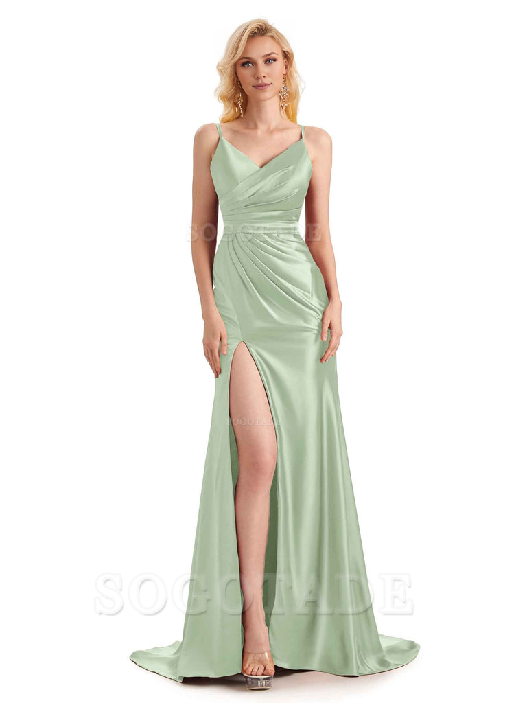 Sexy Charming Side Slit V-Neck Pleated Spaghetti Straps Backless Satin Bridesmaid Dresses Formal Women's Dresses Wedding Guests Dresses