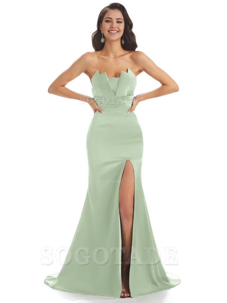 Mermaid sleeveless Satin formal dresses evening gown Bridesmaid Dresses With Side Slit 