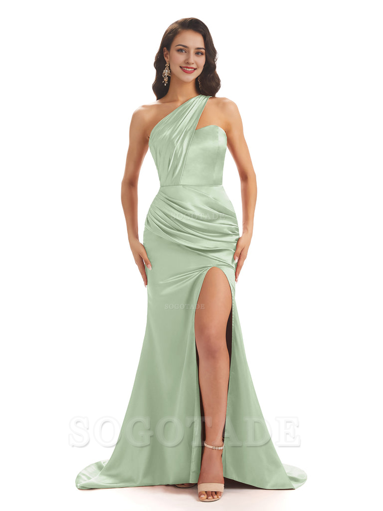 Sexy Soft Satin Side Slit One Shoulder Long Maxi Mermaid Bridesmaid Dresses vestido de festa de casamento ﻿