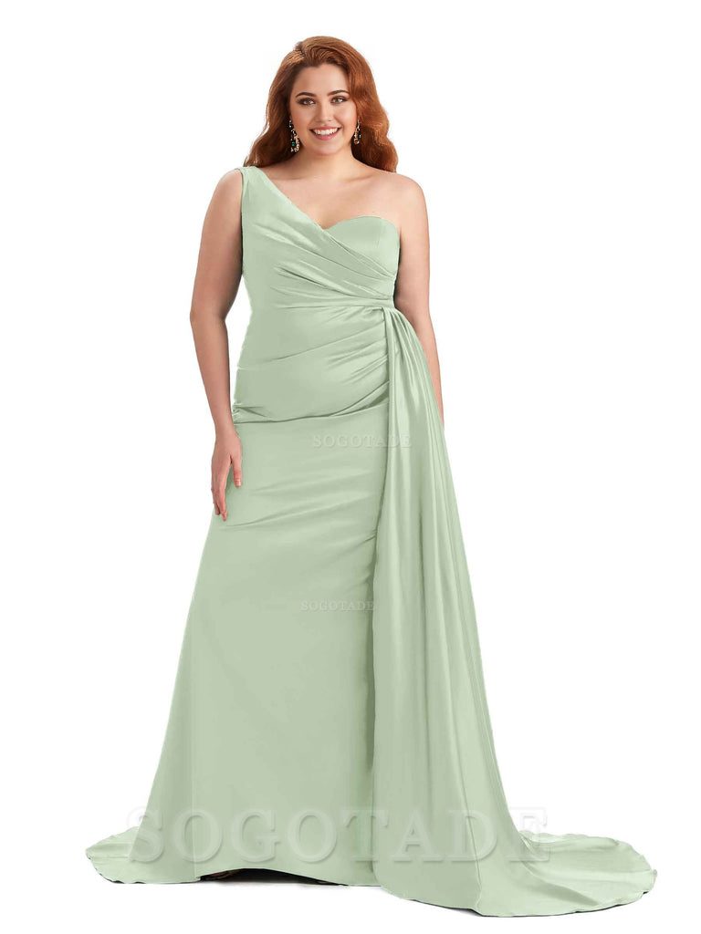 Sexy One Shoulder Sleeveless Mermaid Soft Satin Long Plus Size With Train Bridesmaid Gowns