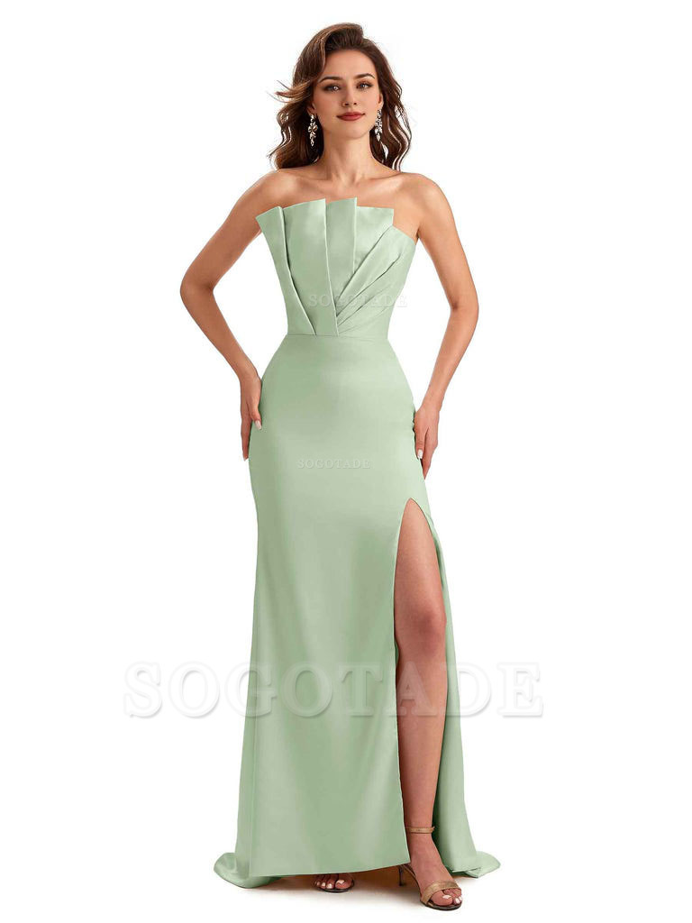 Unique Soft Satin Side Slit Asymmetrical Neckline Mermaid Long Bridesmaid Dresses