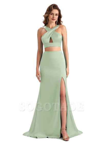 Sexy Side Slit Mermaid Silky Satin Halter Two Pieces Unique Long Bridesmaid Dresses