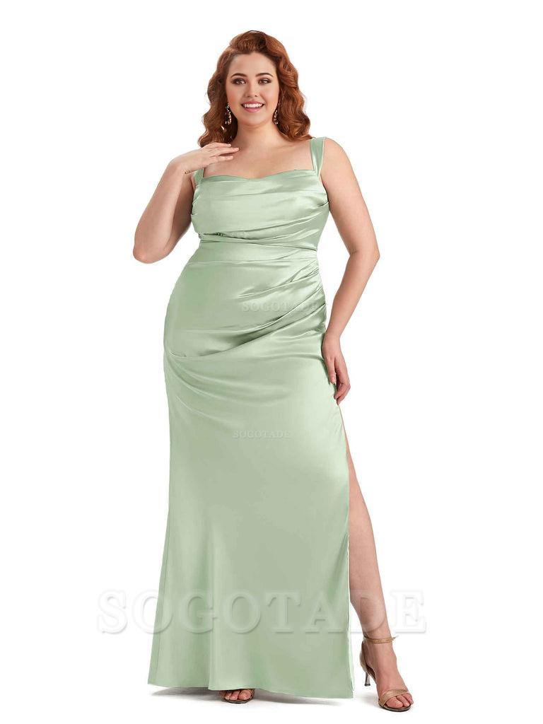 Sexy Side Slit Mermaid Wide Straps Soft Satin Long Plus Size Maid of Bridesmaid Dresses