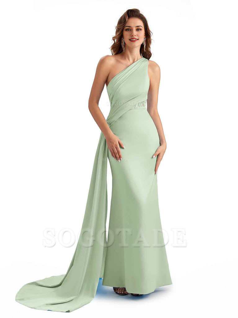 Sexy Mermaid Silky Satin One Shoulder Lace See Through Long Bridesmaid Dresses Online