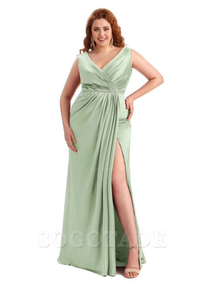 Mermaid V-Neck Satin formal dresses evening gown Bridesmaid Dresses With Side Slit 