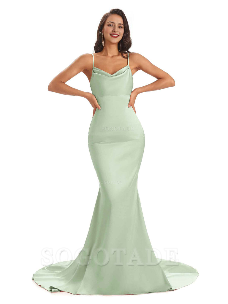 Sexy Backles Soft Satin Spaghetti Straps Maxi Mermaid Bridesmaid Dresses Online prom shop dresses
