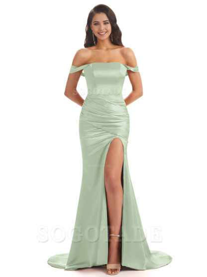 Mermaid Off Shoulder Floor-Length Satin formal dresses evening gown Bridesmaid Dresses With Side Slit 