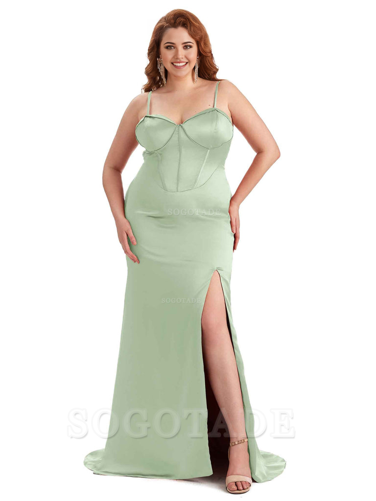 Sexy Spaghetti Straps Side Slit Sleeveless Mermaid Soft Satin Long Bridesmaid Dress Plus Size Dress To Wear to a Wedding