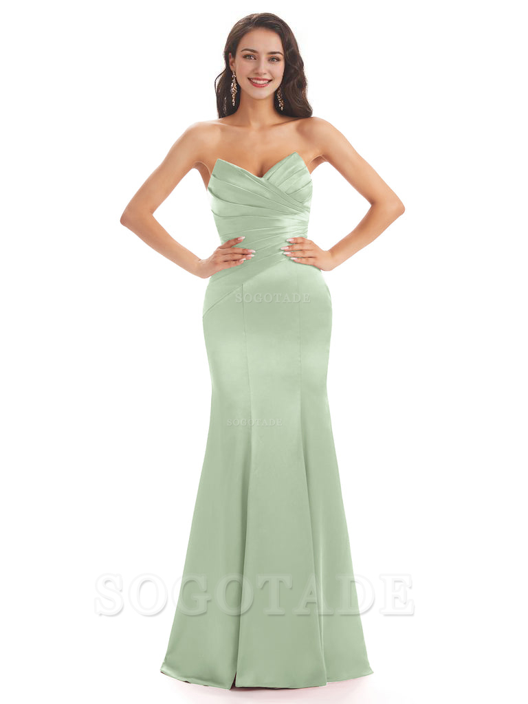 Simple Strapless Sweetheart Soft Satin Mermaid Long Bridesmaid Dresses prom shop dresses