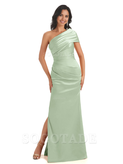 Mermaid One Shoulder Satin Long formal dresses evening gown Bridesmaid Dresses With Side Slit 