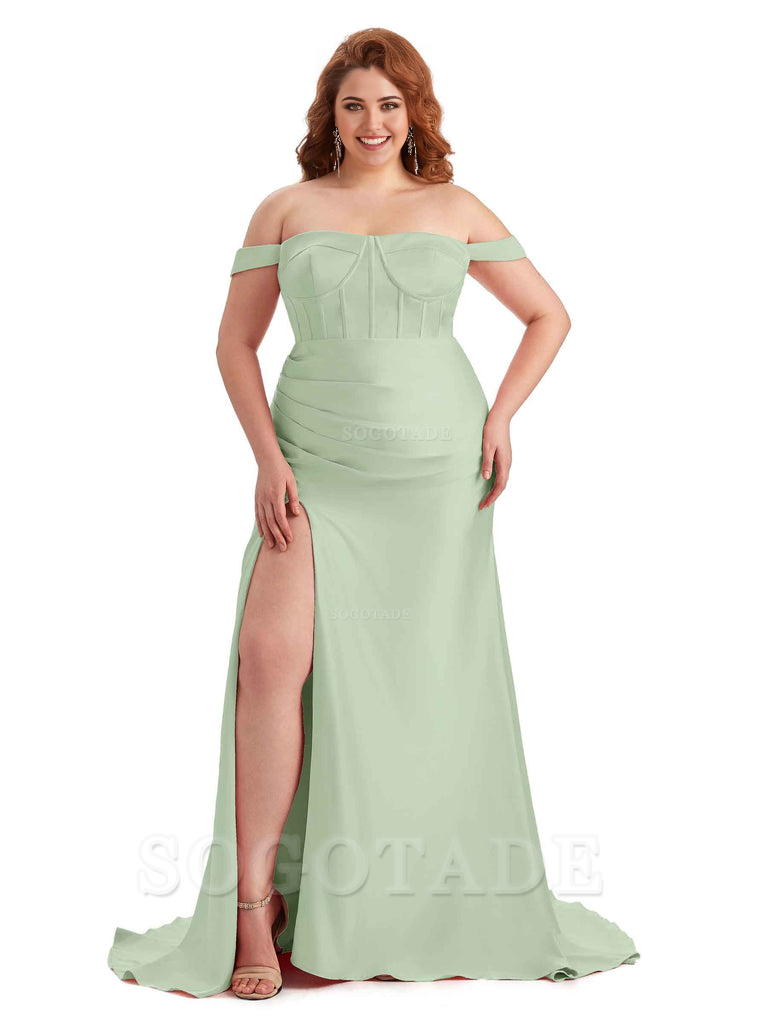 Elegant Off The Shoulder Side Slit Mermaid Soft Satin Floor Length Long Plus Size Bridesmaid Gowns