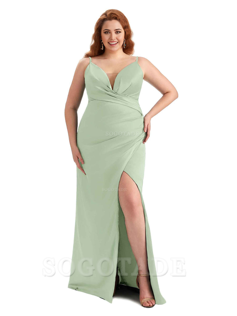 Sexy Side Slit Spaghetti Straps Sleeveless Mermaid V-neck Soft Satin Long Plus Size Bridesmaid Dress For Wedding