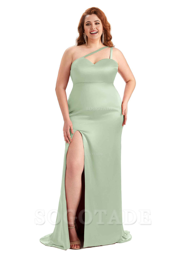 Sexy Side Slit Sleeveless Mermaid One Shoulder Soft Satin Long Plus Size Bridesmaid Dress For Wedding