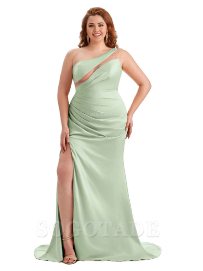 Sexy Unique Sleeveless One Shoulder Side Hight Slit Mermaid Soft Satin Long Plus Size Maid of Honour Dresses