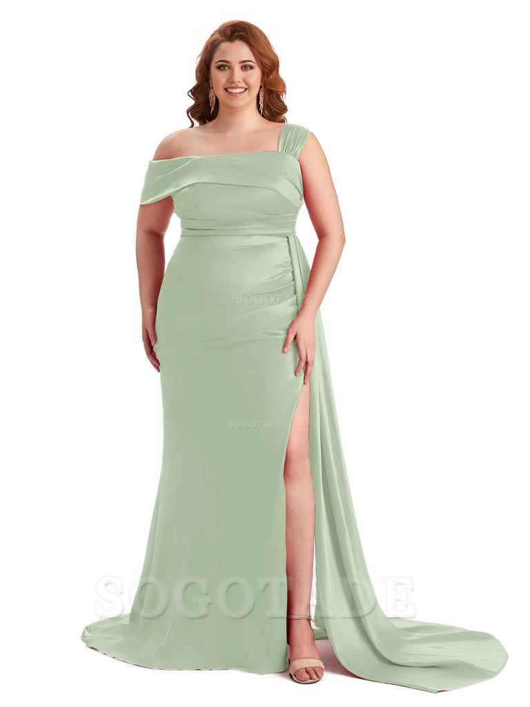 Sexy Side Hight Slit One Shoulder Mermaid Soft Satin Long Plus Size With Train Matron of Honor Dresses