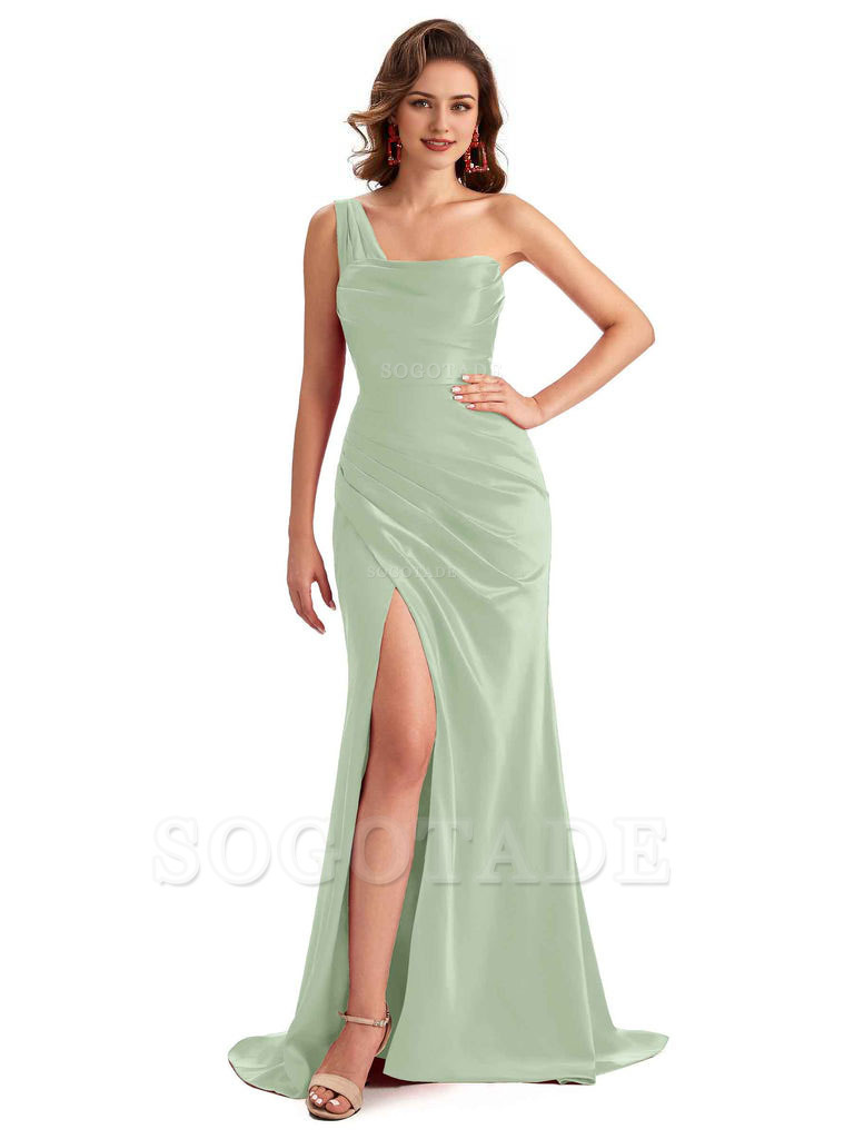 Sexy One Shoulder Side Slit Silky Satin Chic Long Mermaid Trumpet Bridesmaid Dress