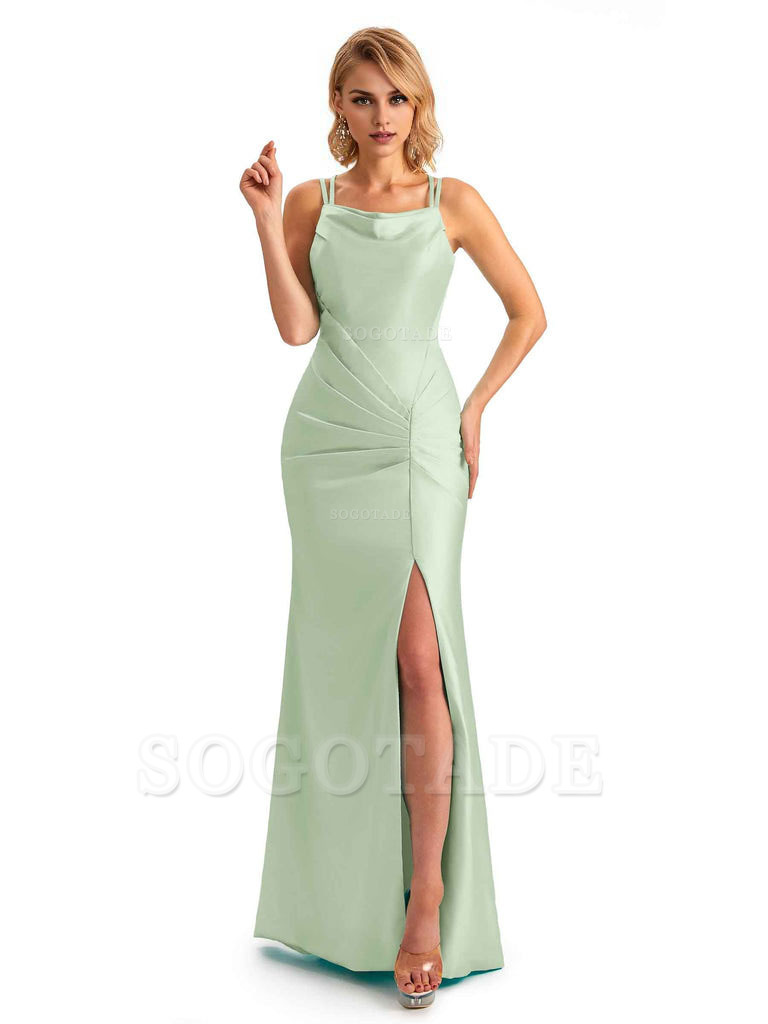 Soft Satin Spaghetti Straps Side Slit Long Unique Mermaid Beautiful Dresses For Wedding
