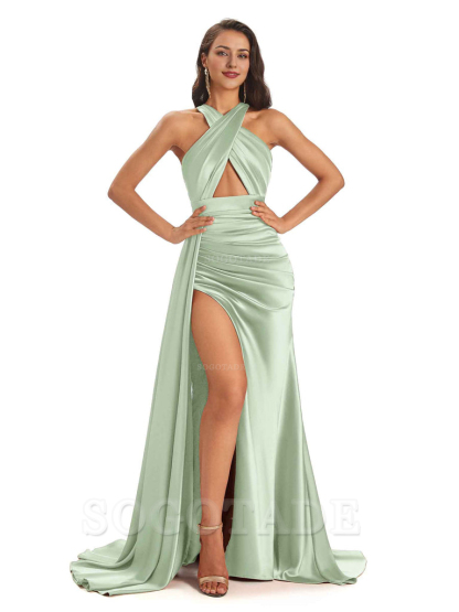 Sexy Soft Satin Halter Side Slit Floor-Length Maxi Mermaid Bridesmaid Dresses Online prom dress shop ﻿