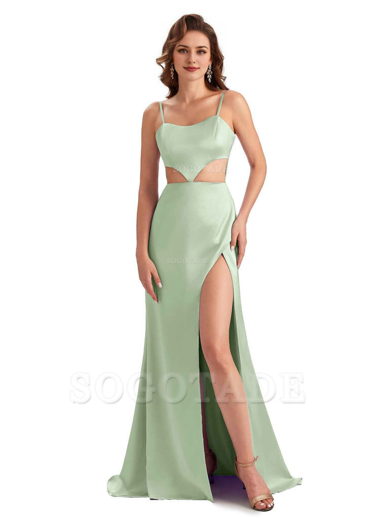 Sexy Satin Side Slit Spaghetti Straps Mermaid Long Unique Curve Wedding Guest Dresses