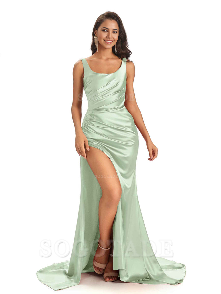 Mermaid Scoop Floor-Length Satin formal dresses evening gown Bridesmaid Dresses 