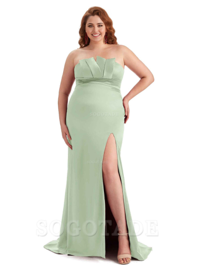 Sexy Side Slit Sleeveless Mermaid Soft Satin Long Plus Size Wedding Party Dresses For Wedding