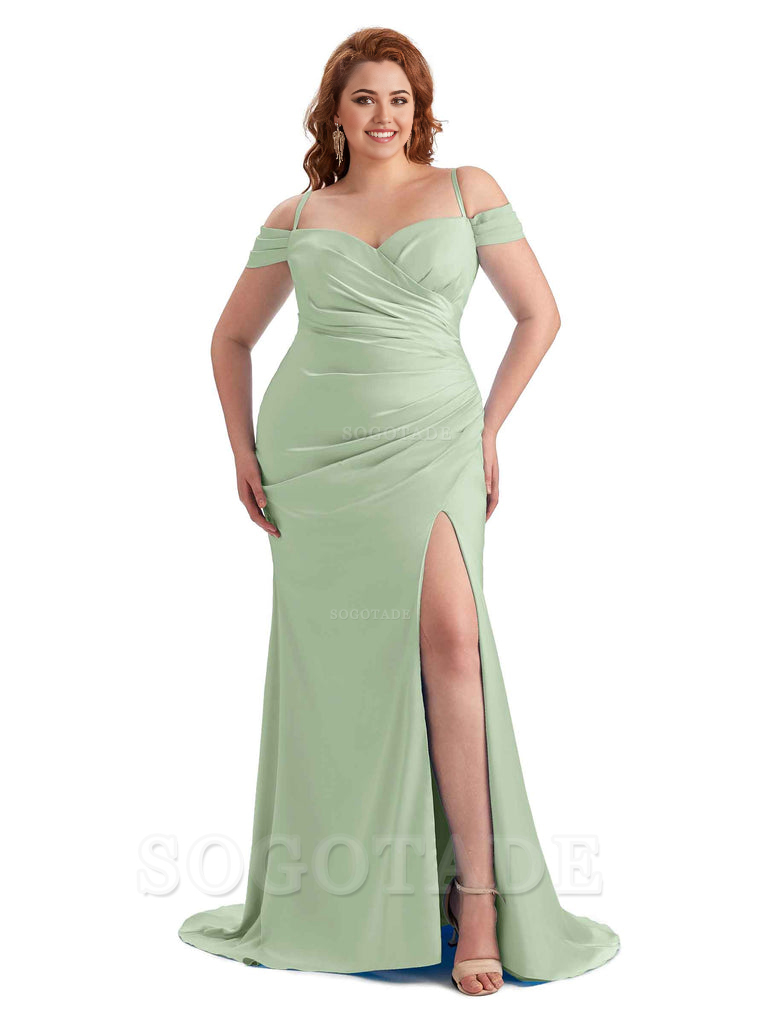 Sexy Side Slit Sleeveless Cold Shoulder Mermaid Soft Satin Long Plus Size Maid of Honor Dresses
