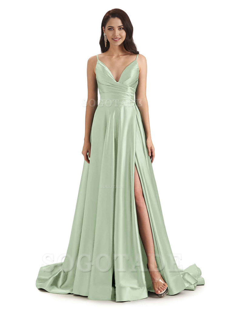 Spaghetti Straps Satin formal dresses evening gown Bridesmaid Dresses With Side Slit 