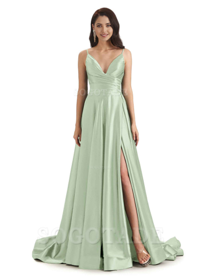 Spaghetti Straps Satin formal dresses evening gown Bridesmaid Dresses With Side Slit 