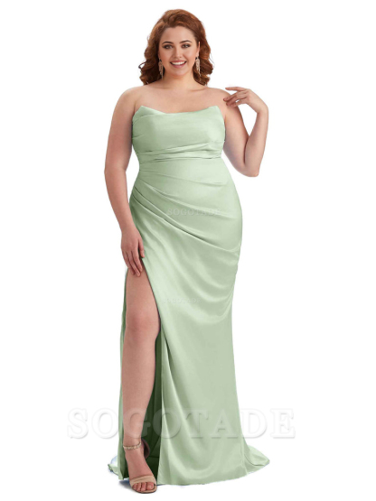 Sexy Side Slit Sleeveless Strapless Mermaid Soft Satin Long Plus Size Bridesmaid Dresses For Wedding