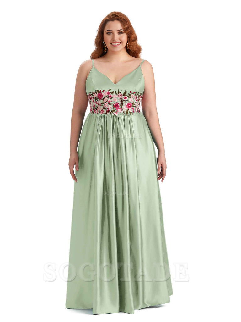 Unique Lace Spaghetti Straps Sleeveless Soft Satin Long Plus Size Bridesmaid Dress For Wedding