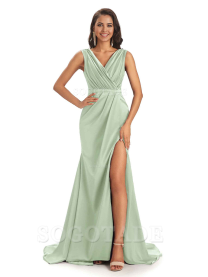 A-line V-neck Floor-Length Satin formal dresses evening gown Bridesmaid Dresses With Side Slit 