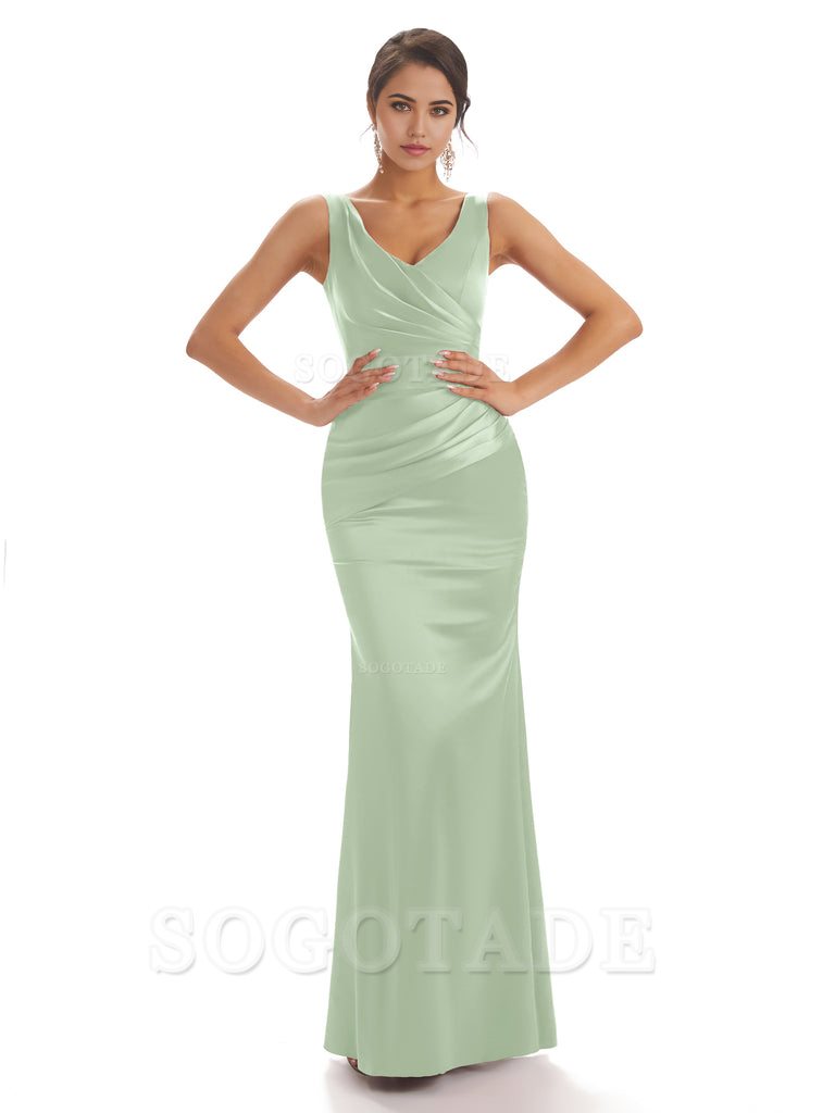 Sheath Sleeveless V-neck Floor-Length Satin formal dresses evening gown Bridesmaid Dresses With Pleats 