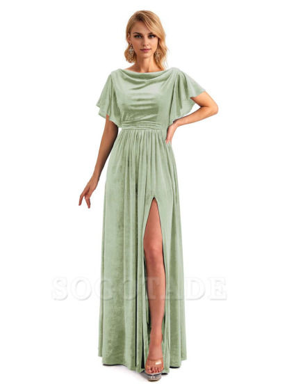 Elegant A-Line Jewel Bat Sleeves Velvet Side Slit Long Bridesmaid Dresses