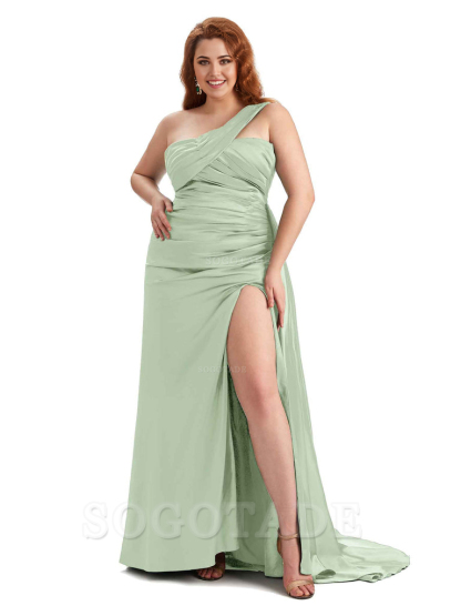  One Shoulder Sleeveless Sexy Side Hight Slit Mermaid Soft Satin Long Plus Size Bridesmaid Gowns
