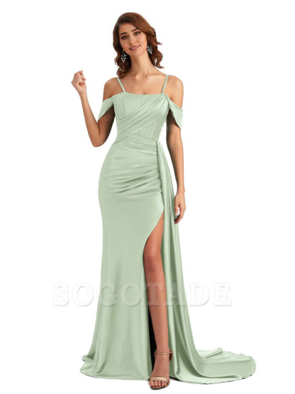Sexy Side Slit Cold Shoulder Mermaid Satin Chic Long Wedding Guest Dresses