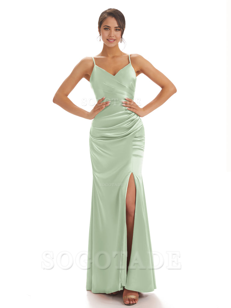 Spaghetti Straps Pleats Satin formal dresses evening gown Bridesmaid Dresses With Side Slit 