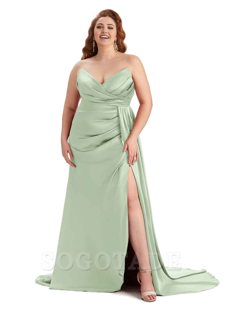 Sexy V-neck Side Slit Sleeveless Mermaid Soft Satin Long Plus Size Bridesmaid Gowns